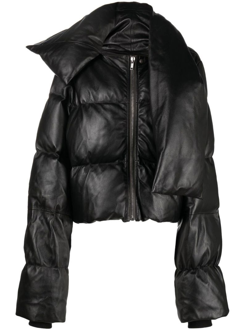 Black Asymmetric Leather Puffer Jacket
