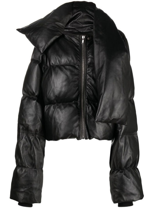 Black Asymmetric Leather Puffer Jacket