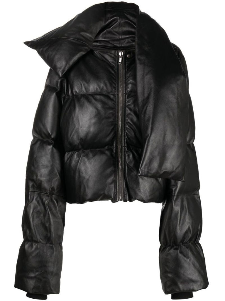 Black Asymmetric Leather Puffer Jacket