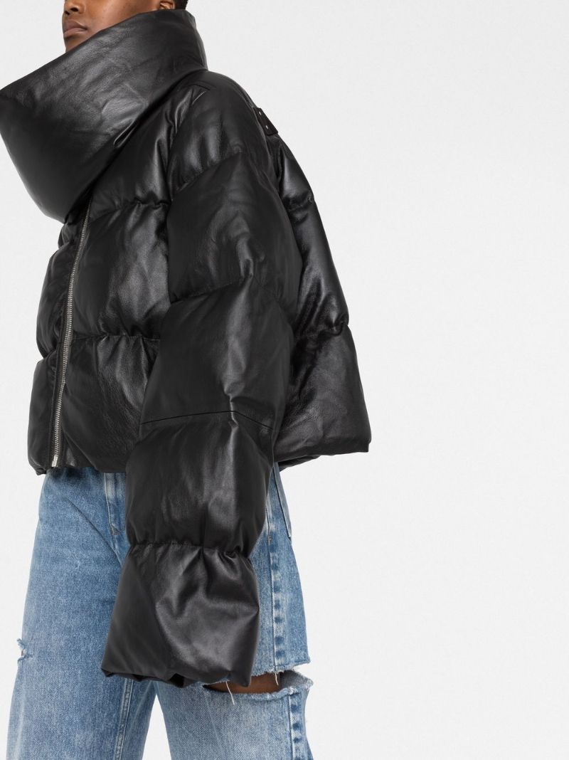 Black Asymmetric Leather Puffer Jacket
