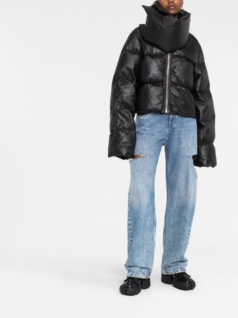 Black Asymmetric Leather Puffer Jacket