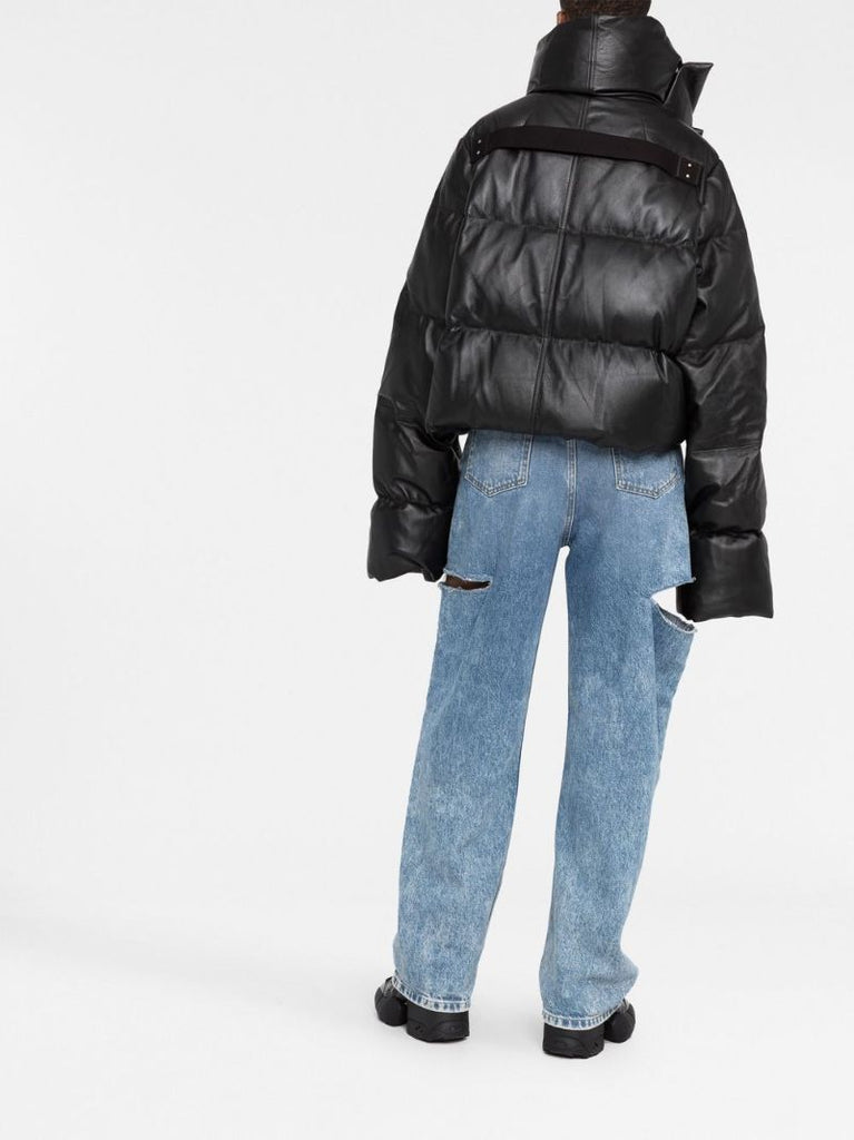 Black Asymmetric Leather Puffer Jacket