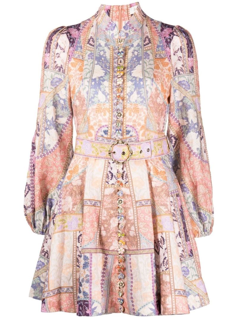 Pink Kaleidoscope Printed Linen Mini Dress