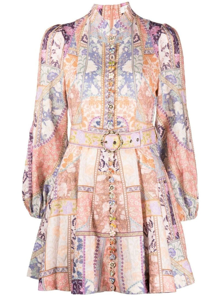 Pink Kaleidoscope Printed Linen Mini Dress