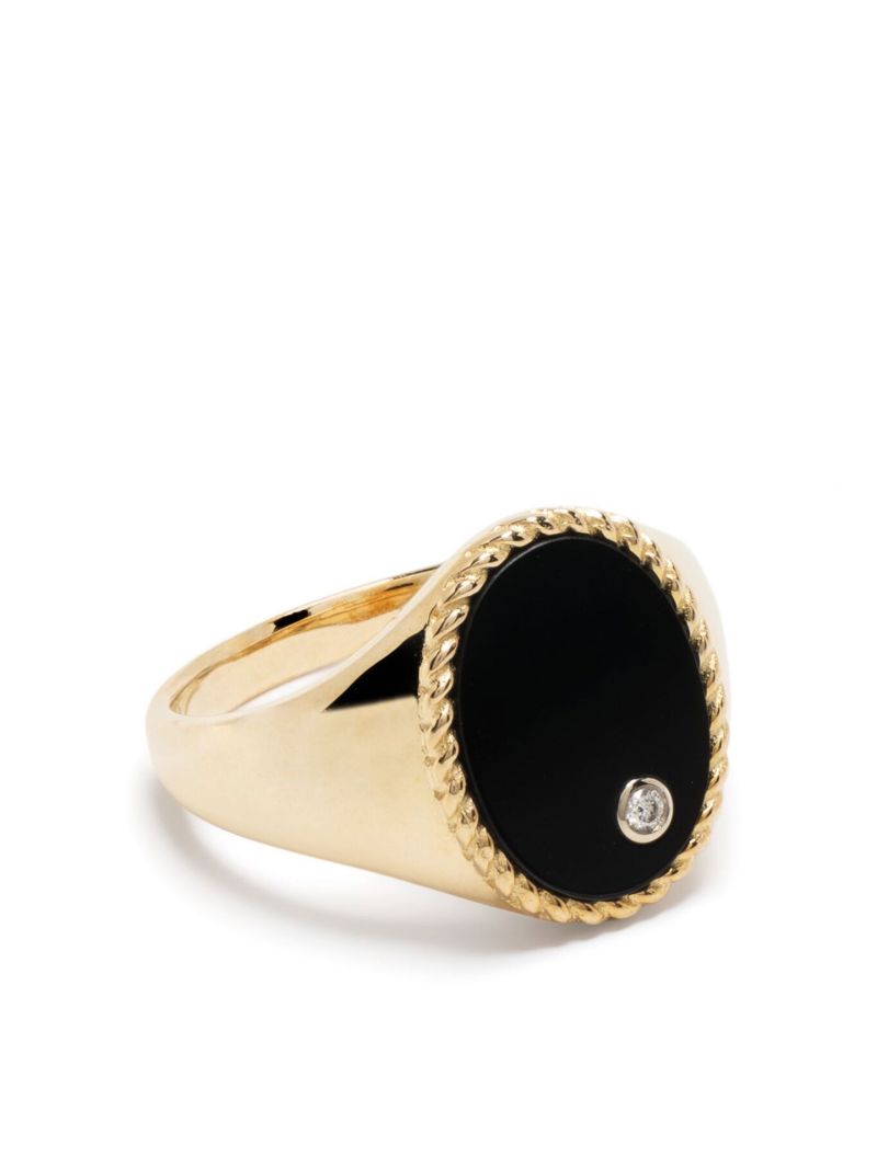 9k Yellow Gold Chevaliere Oval Onyx and Diamond Ring