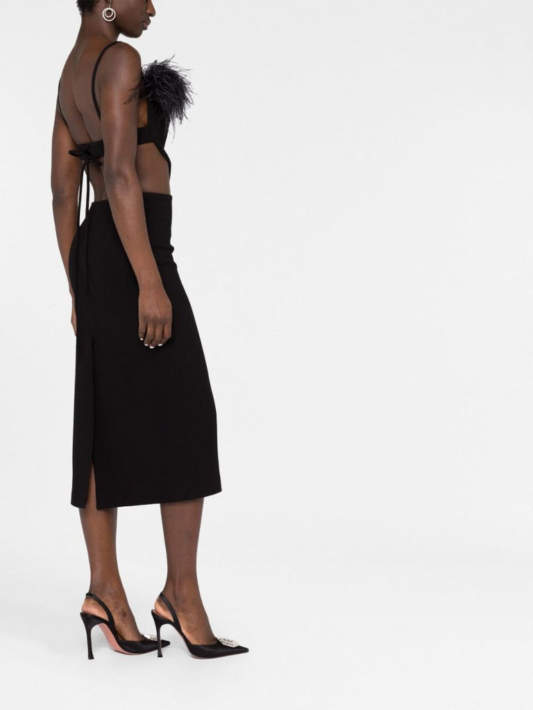 Black Feather Trim Cut-out Midi Dress