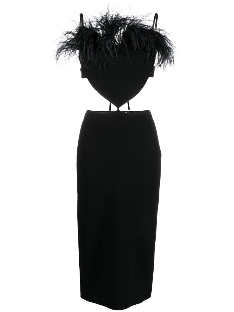 Black Feather Trim Cut-out Midi Dress