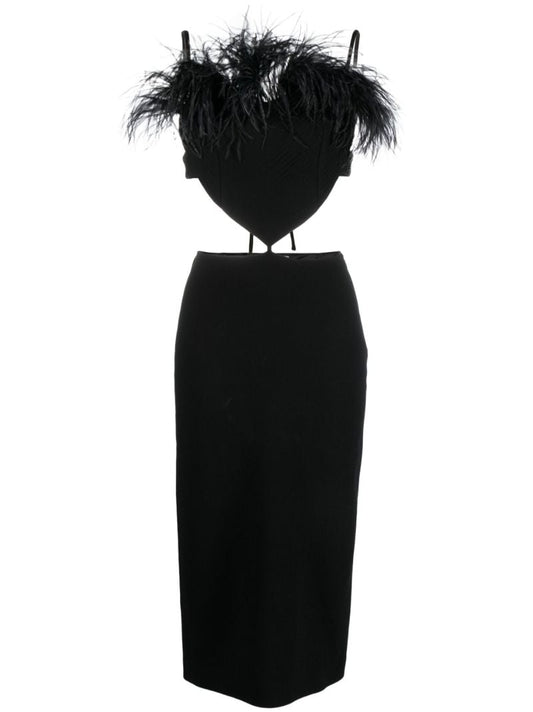 Black Feather Trim Cut-out Midi Dress