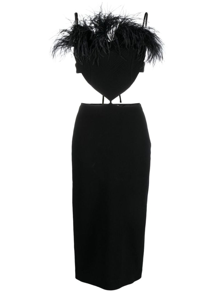Black Feather Trim Cut-out Midi Dress