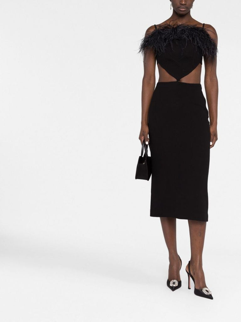 Black Feather Trim Cut-out Midi Dress