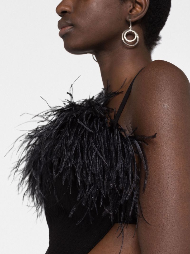 Black Feather Trim Cut-out Midi Dress