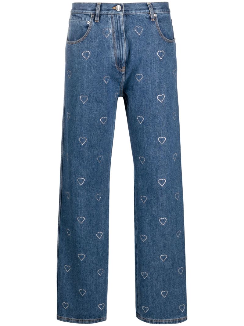 Blue Crystal Heart Straight-leg Jeans