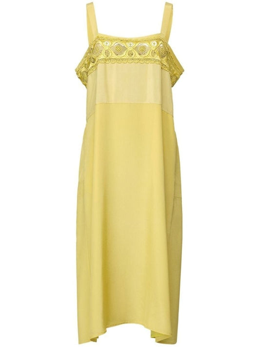 Yellow Crochet Panel Sleeveless Midi Dress