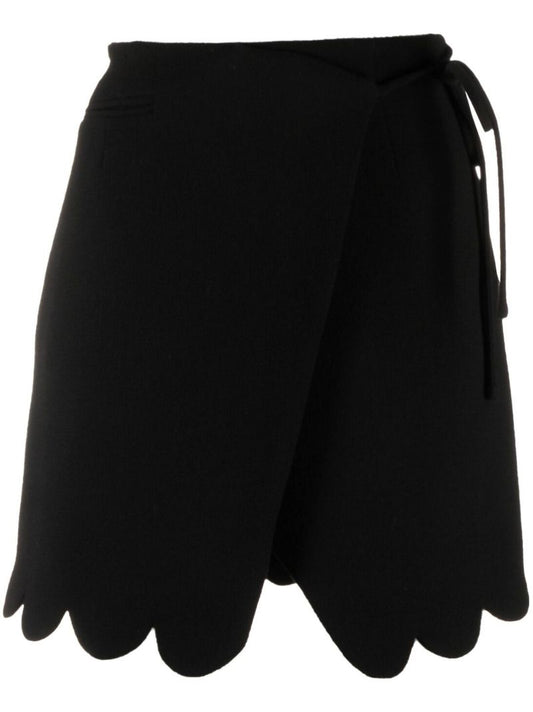 Black Scalloped Wool Wrap Mini Skirt