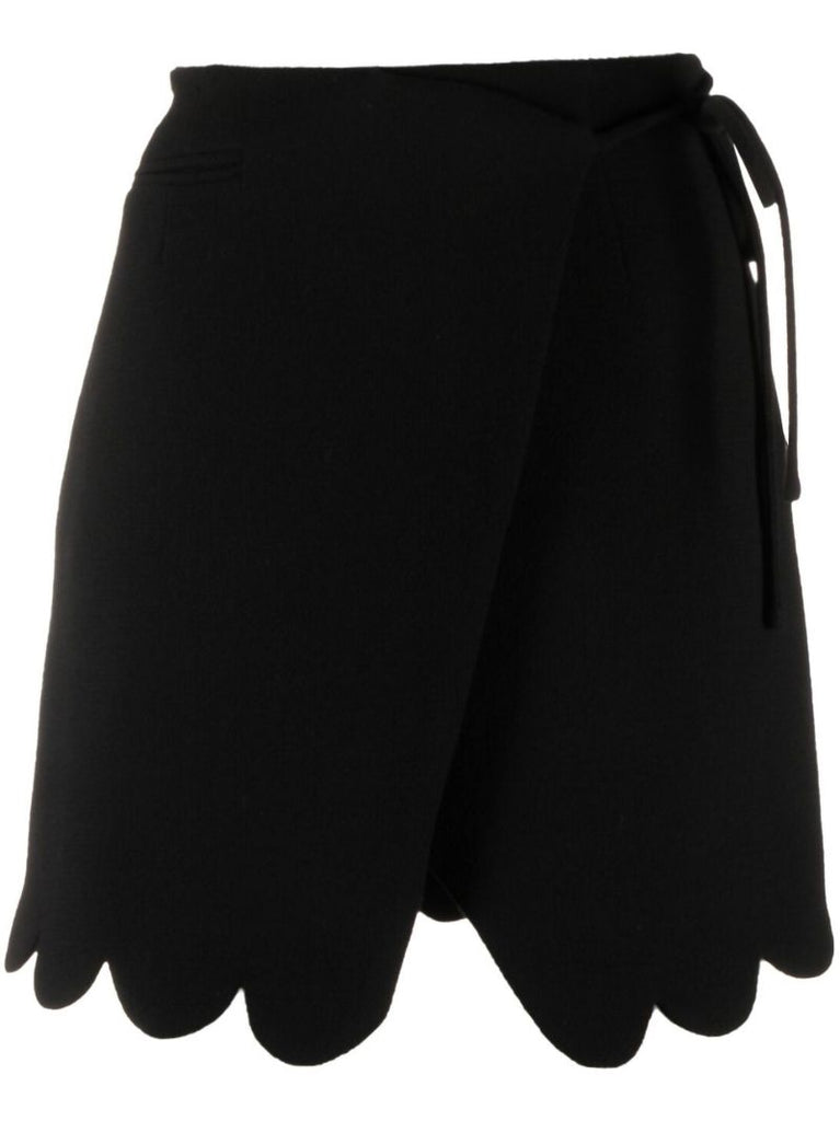 Black Scalloped Wool Wrap Mini Skirt