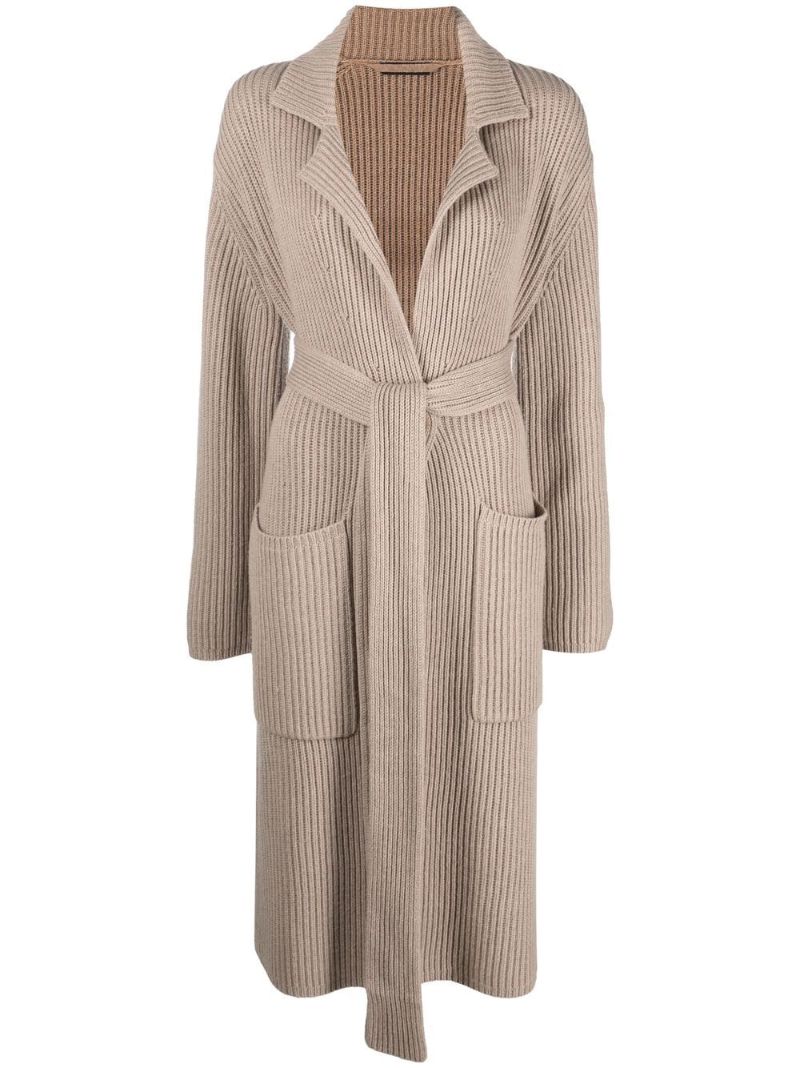 Neutral Ribbed Knit Belted Cardigan