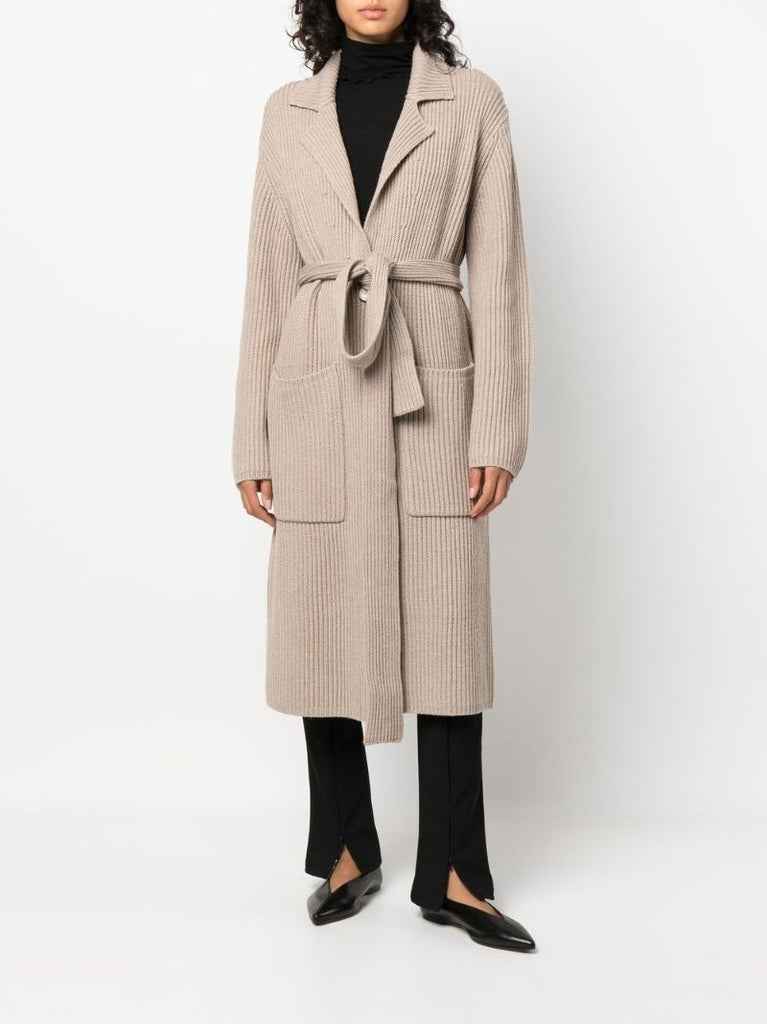 Neutral Ribbed Knit Belted Cardigan
