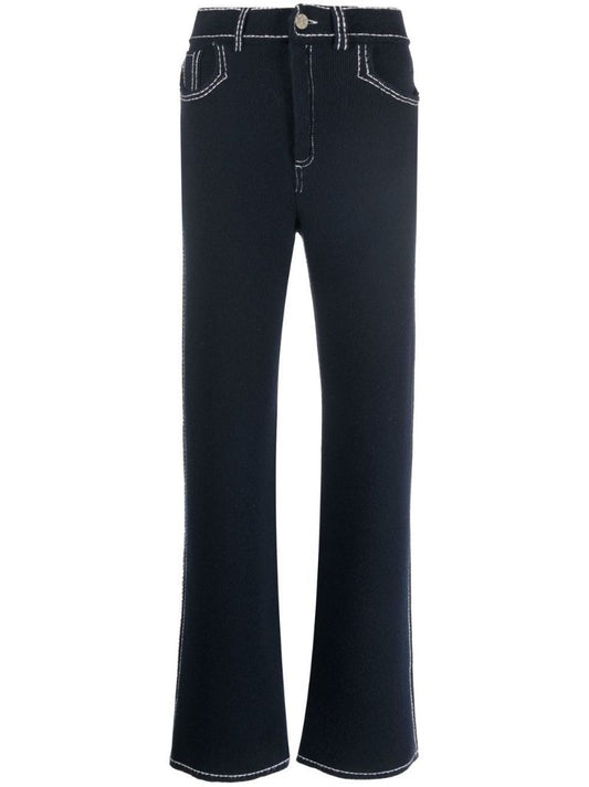 Blue Contrast Stitch Knitted Flared Trousers