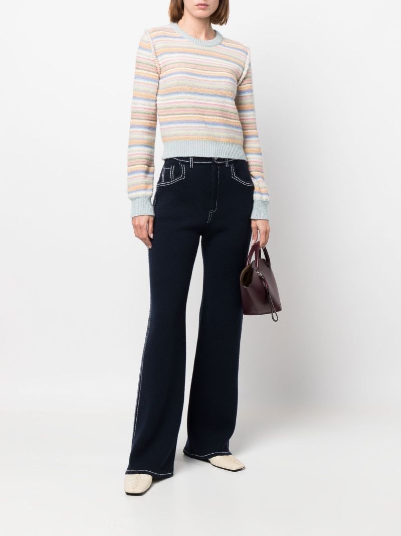 Blue Contrast Stitch Knitted Flared Trousers