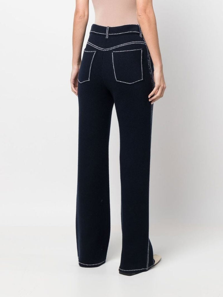 Blue Contrast Stitch Knitted Flared Trousers