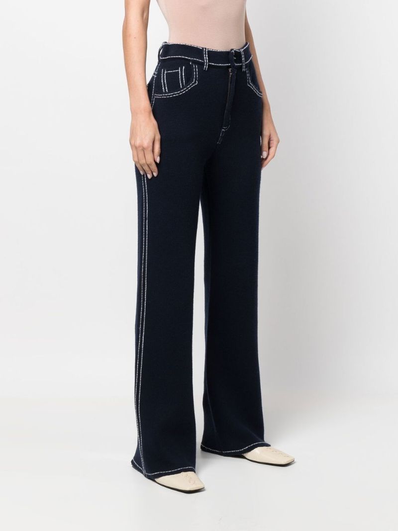 Blue Contrast Stitch Knitted Flared Trousers