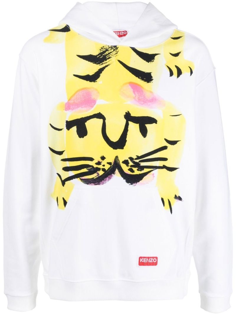 White Akae Bowing Tiger Print Hoodie