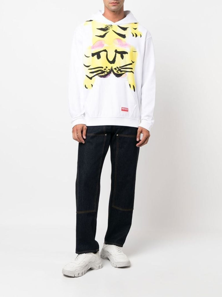 White Akae Bowing Tiger Print Hoodie