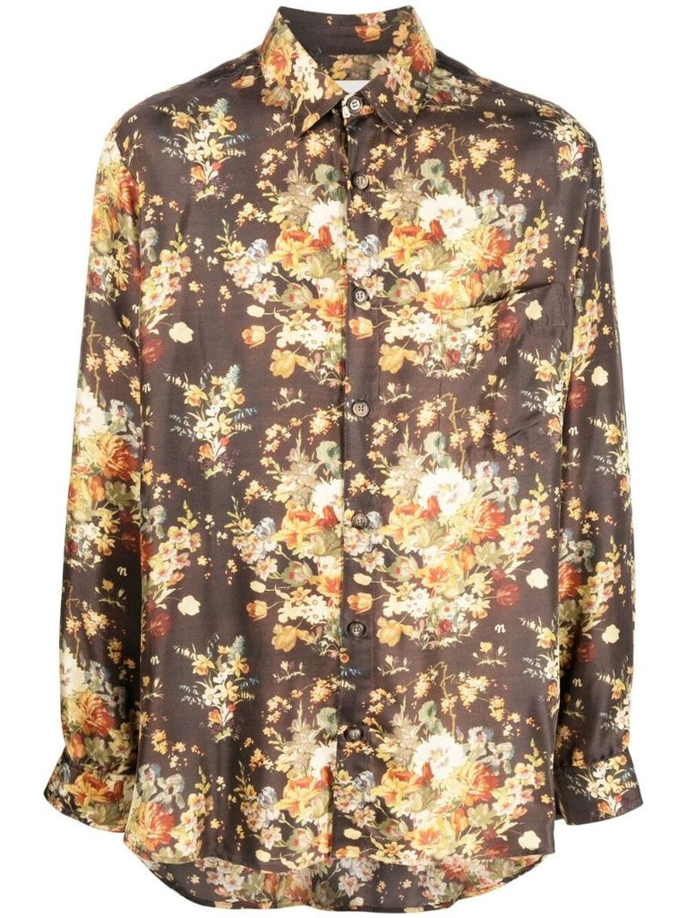Brown Floral Print Silk Shirt