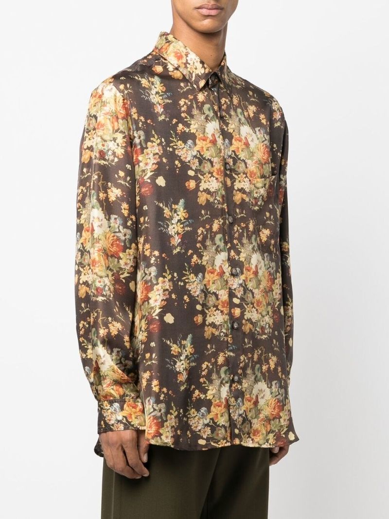 Brown Floral Print Silk Shirt