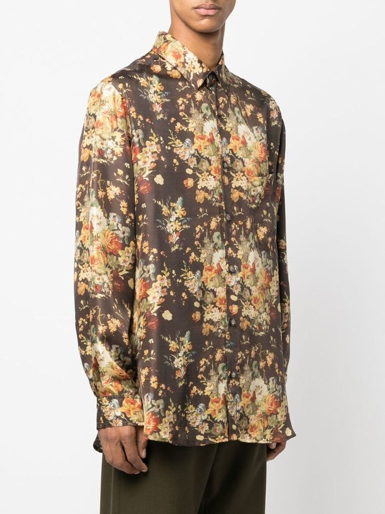 Brown Floral Print Silk Shirt