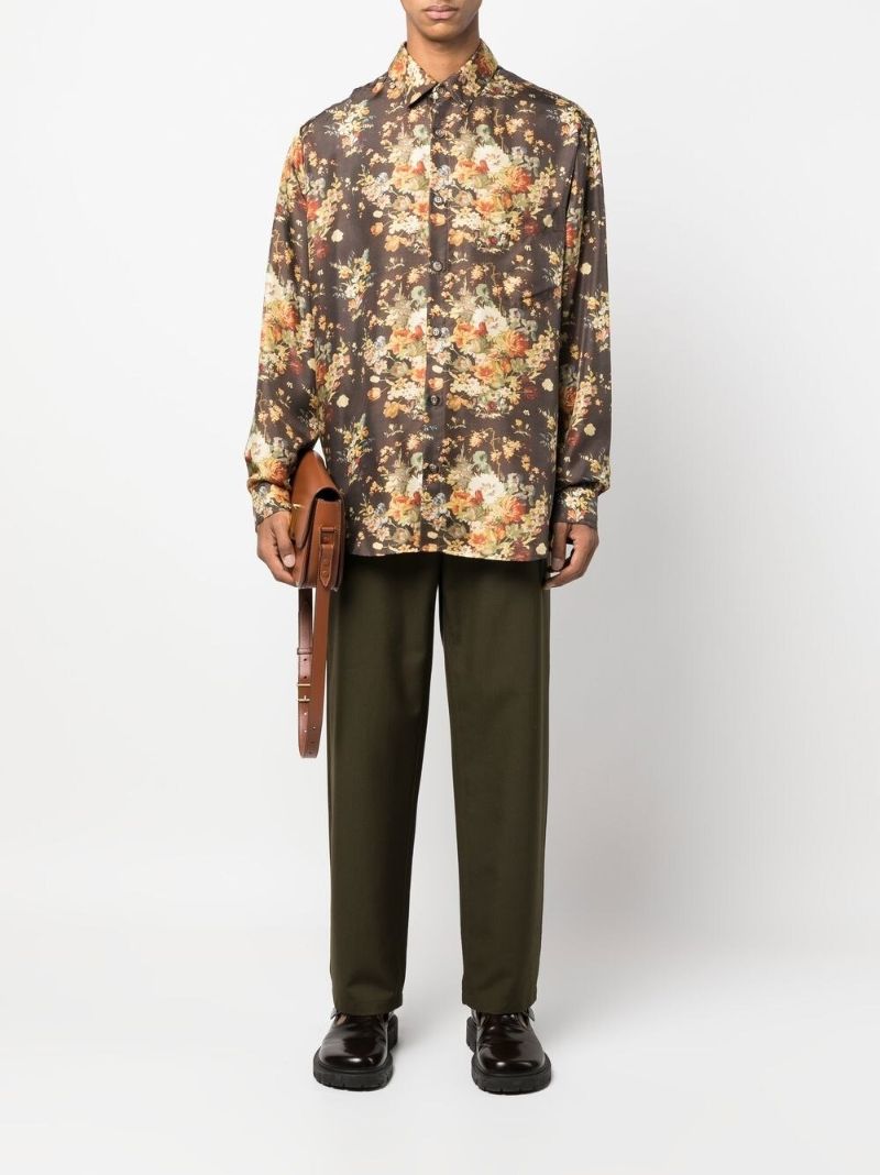 Brown Floral Print Silk Shirt