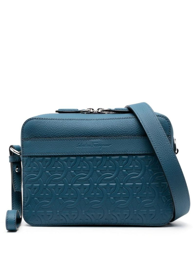 Blue Monogram-embossed Messenger Bag