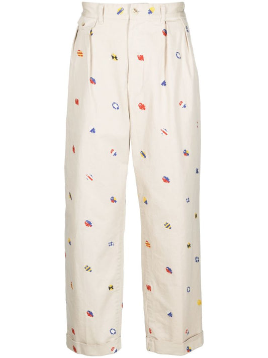 Beige Boat Embroidery Trousers