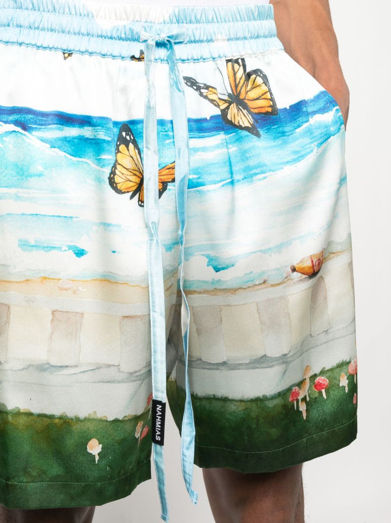 Blue Butterfly Beach Print Silk Shorts