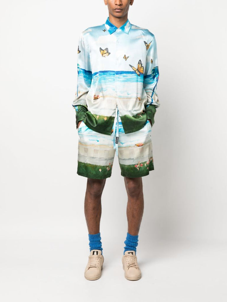 Blue Butterfly Beach Print Silk Shorts