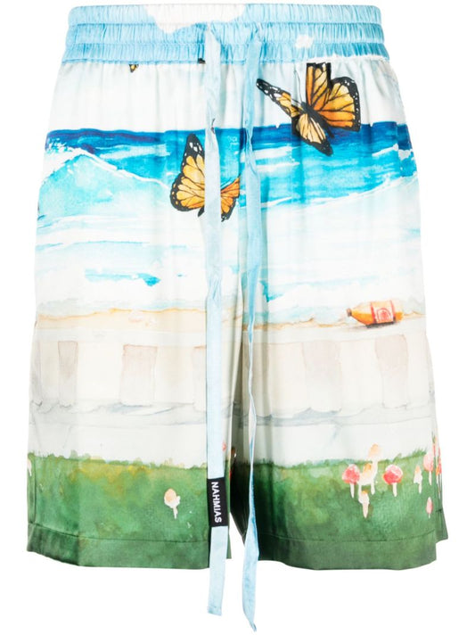Blue Butterfly Beach Print Silk Shorts