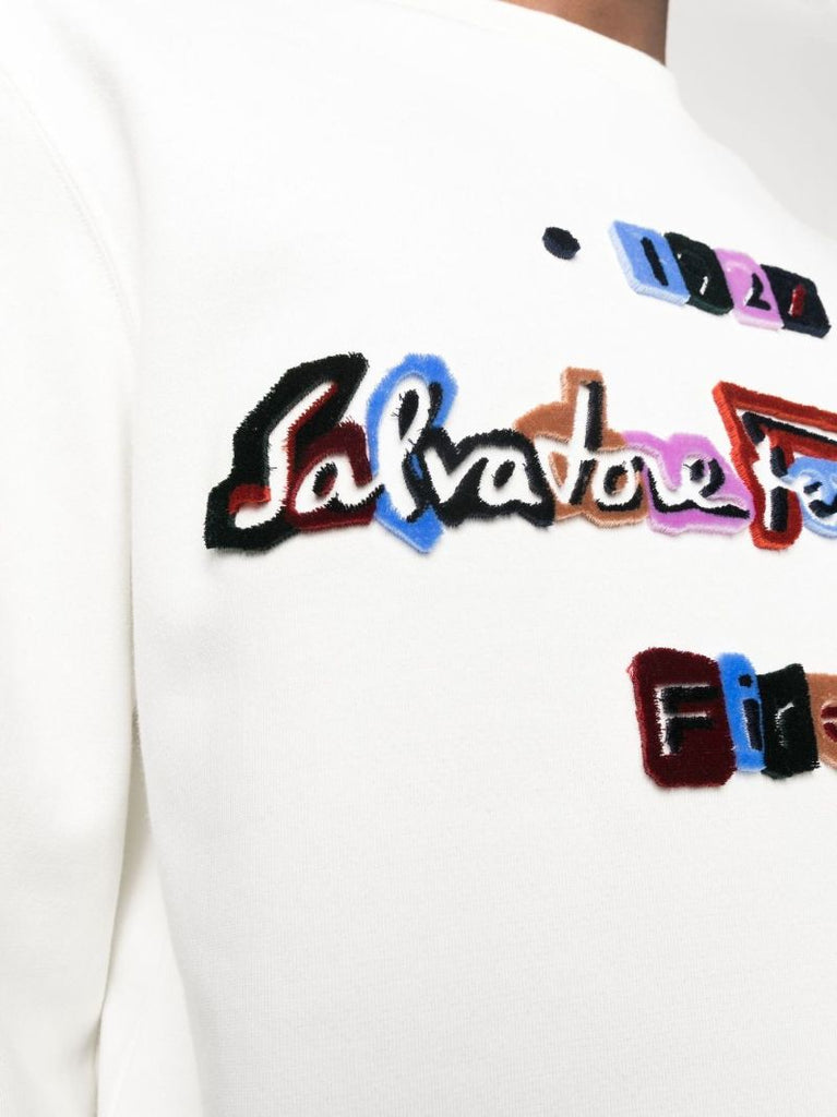 White Flocked Logo Crew Neck Sweatshirt