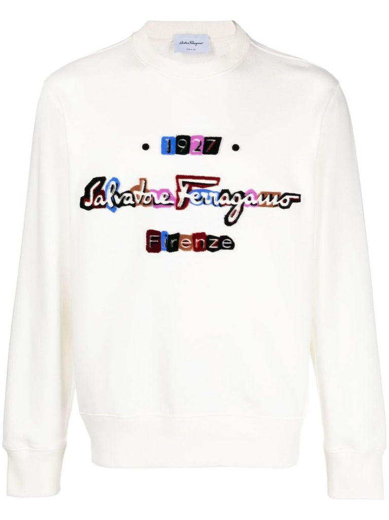 White Flocked Logo Crew Neck Sweatshirt