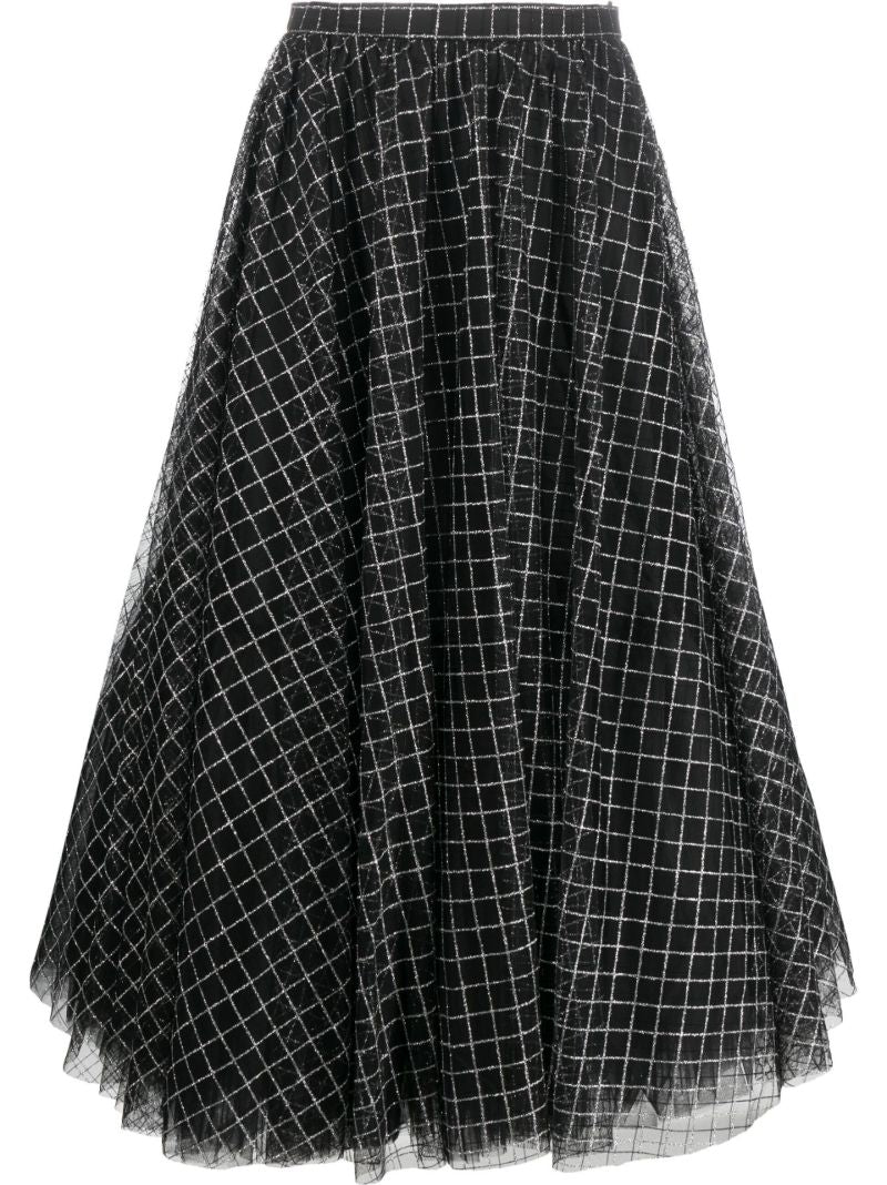 Black Checked Chiffon Midi Skirt