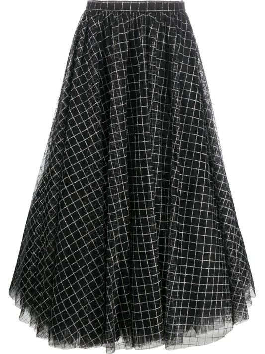 Black Checked Chiffon Midi Skirt