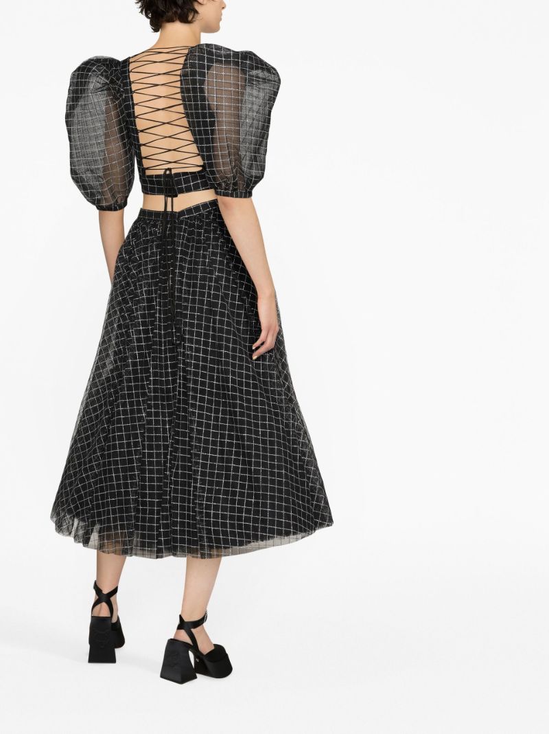 Black Checked Chiffon Midi Skirt