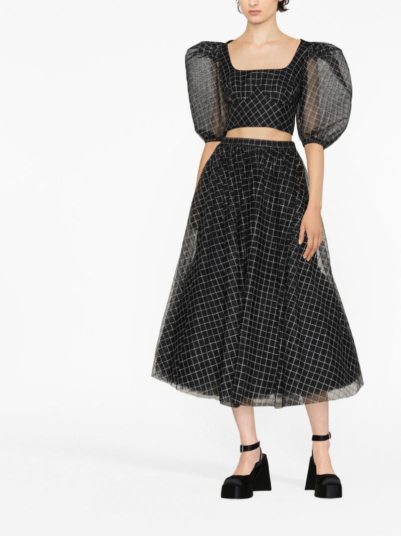 Black Checked Chiffon Midi Skirt