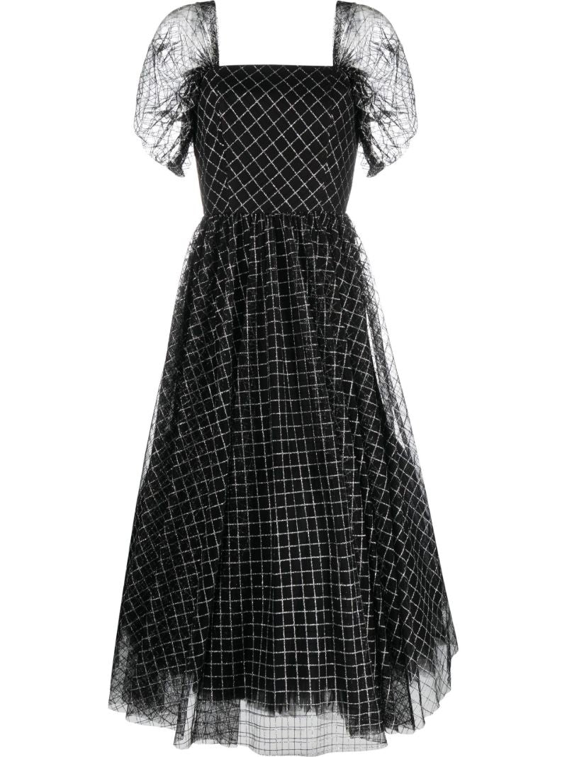 Black Checked Chiffon Midi Dress