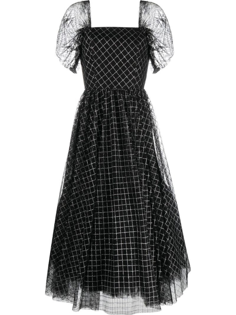 Black Checked Chiffon Midi Dress