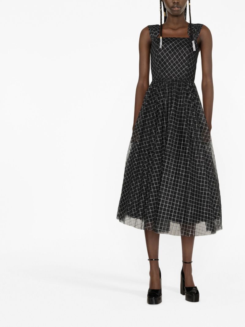 Black Checked Chiffon Midi Dress