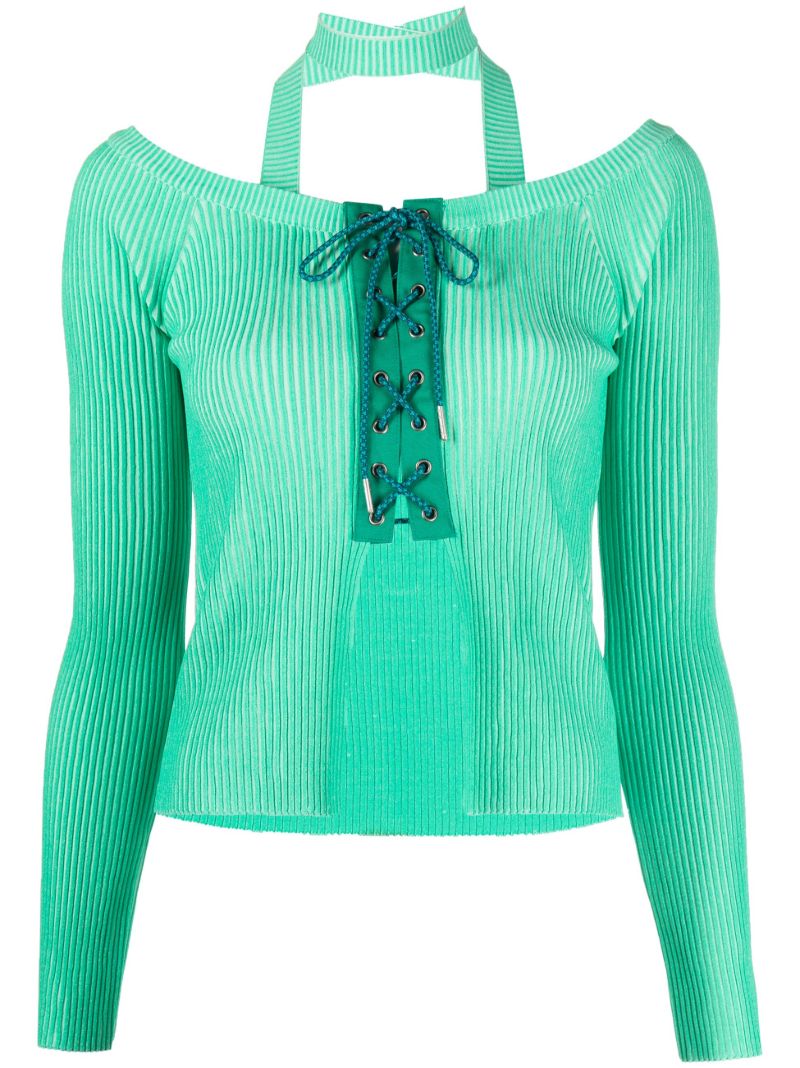 Green Lace-up Ribbed-knit Top