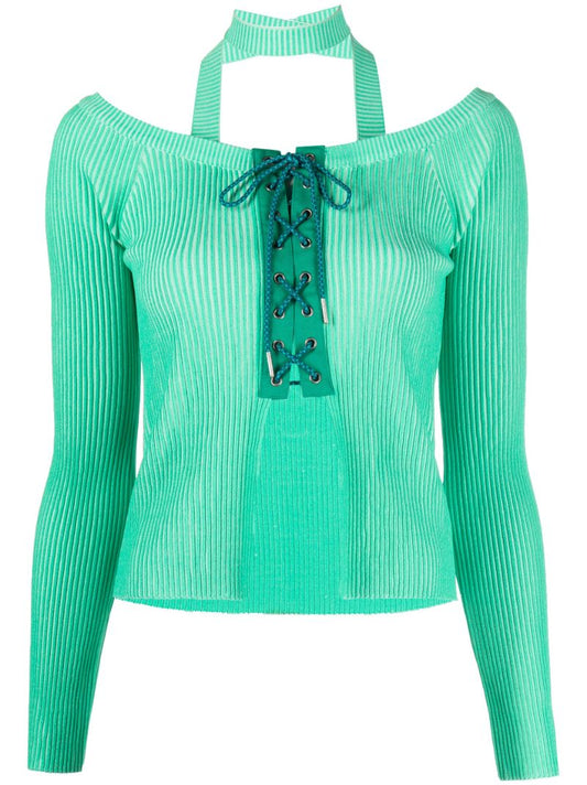 Green Lace-up Ribbed-knit Top