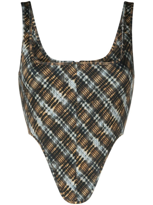 Brown Plaid Print Corset Top