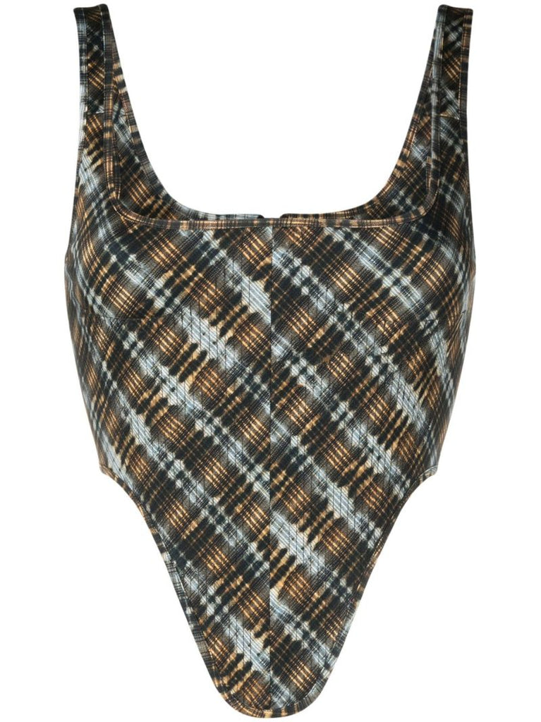 Brown Plaid Print Corset Top