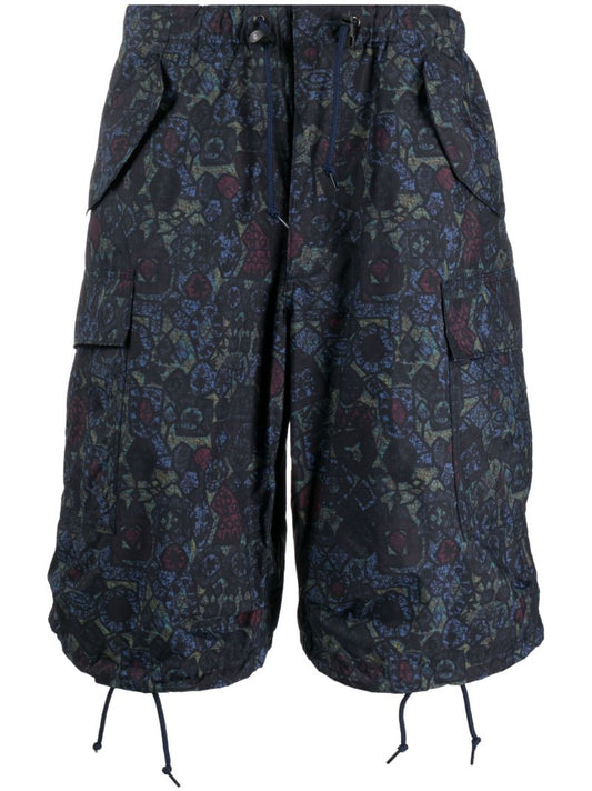 Blue Graphic Print Drawstring Shorts